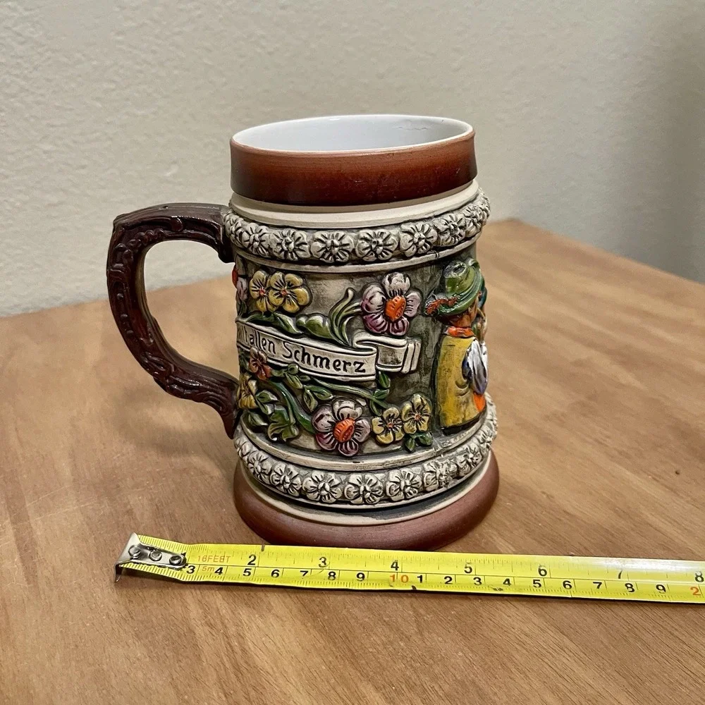 Vintage‎ Thewalt ? German Beer Stein 3D Floral Musician Scene Colorful